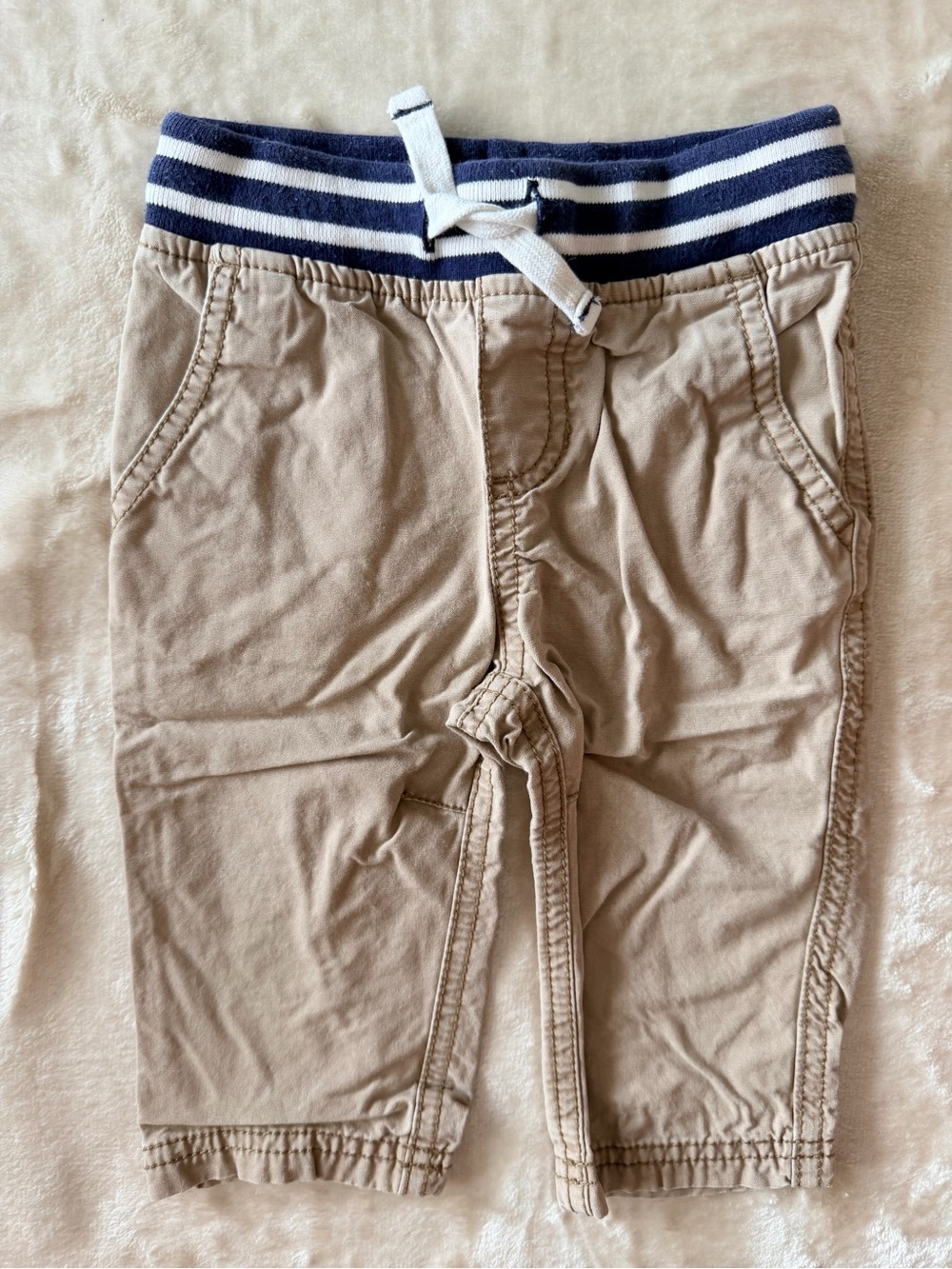 Kids Khaki Pull-On Pants with Navy Stripe Waistband - size 9m